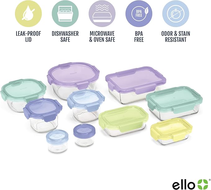 Ello Color Lock Glass Meal Prep Sets Leak-Proof Glass Food Storage Containers with Airtight BPA-Free Plastic Lids, Dishwasher, Microwave, and Freezer Safe