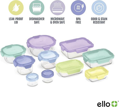 Ello Color Lock Glass Meal Prep Sets Leak-Proof Glass Food Storage Containers with Airtight BPA-Free Plastic Lids, Dishwasher, Microwave, and Freezer Safe