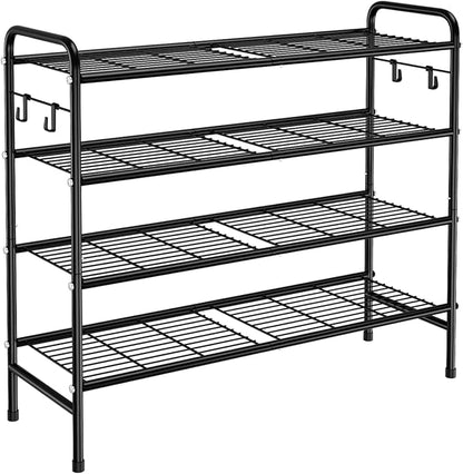 4-Tier Shoe Rack 33" Wide Metal Shoe Organizer Long Shoe Storage with 4 Side Hooks Sturdy Shoes Shelf for Closet, Front Door Entrance, Garage, Dorm, Black