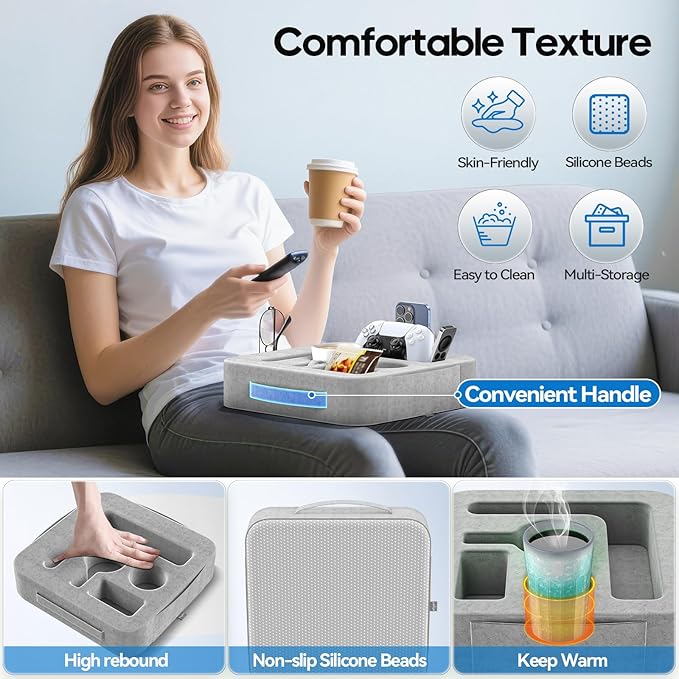 Couch Cup Holder Pillow, Sofa and Bed Caddy for iPad, Kindle, Switch, Game Controller, Remotes, Phones, Small-Sized Cup and Drink Holder for Couch, Bed, Desk, Car, Bathroom Cup Holder, Ash Gray