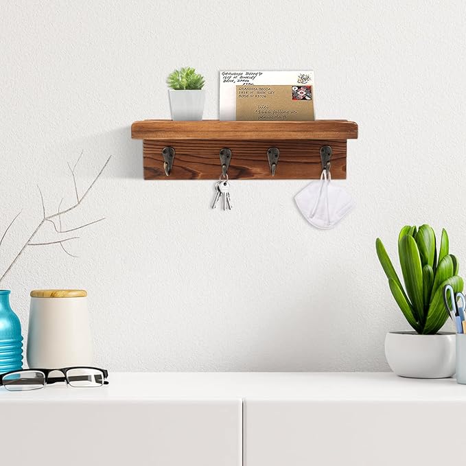 Rustic Key Holder for Wall, Farmhouse Wall Shelf with 4 Hooks, Wall Mounted Key Racks, Wooden Mail Organizer with Hooks for Entryway (Brown - Pine)