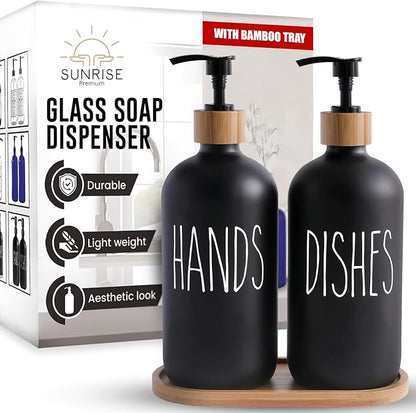 Sunrise Premium 16 OZ Thick Black Glass Soap Dispenser, Bamboo Pump with Tray 2 Pack, Hand and Dish Soap Dispenser Set for Bathroom with 6 Waterproof Labels
