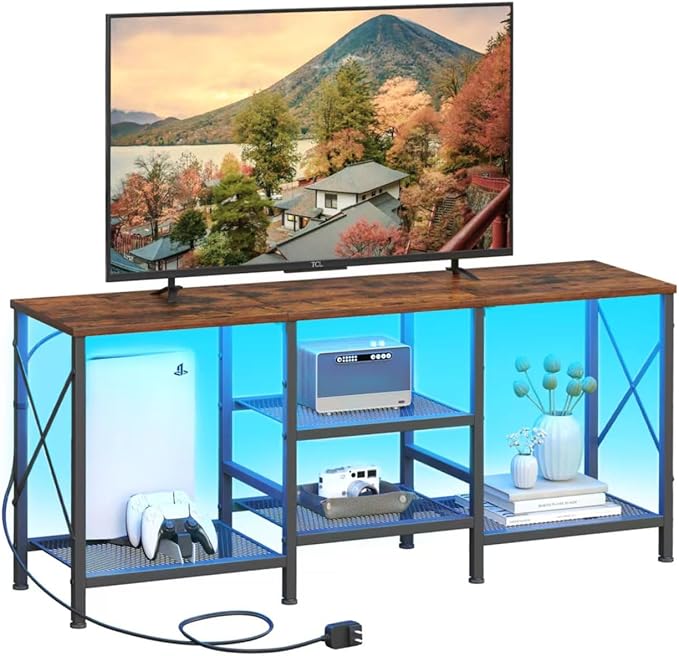 JARHETUN TV Stand with LED Lights for 55 Inch TV, Entertainment Center with 3-Tier Open Shelves, TV Console Table for Living Room, Bedroom, Rustic Brown