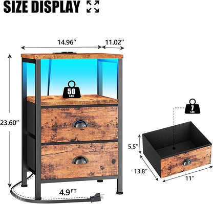 Furologee Nightstand with Charging Station, End Table with LED Lights, Bedside Table with USB Ports & Outlets, Night Stands with 2 Drawers, for Living Room/Bedroom