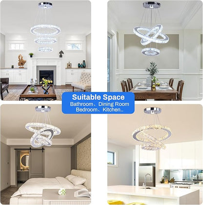 Chandelier LED Crystal Chandelier Lighting Dimmable LED Chandeliers Modern Ceiling Light Fixture 3 Rings Adjustable Stainless Steel Pendant Light for Bedrooms Living Room
