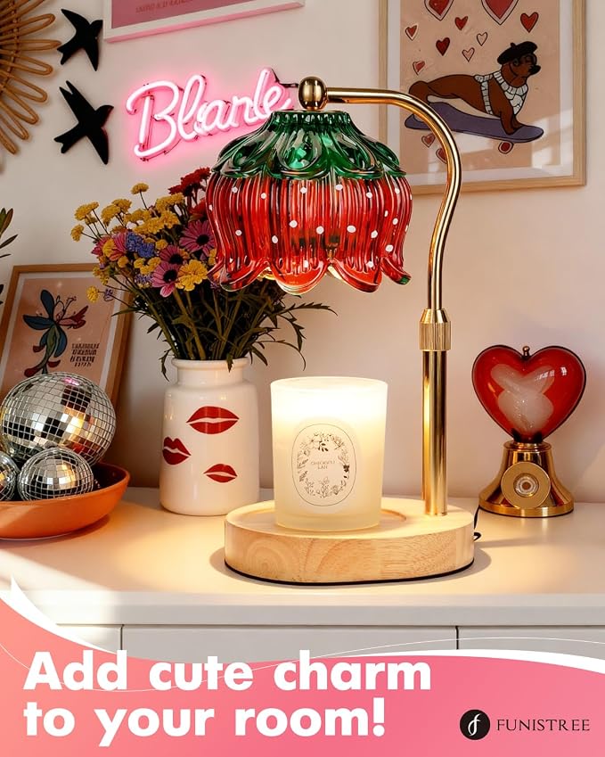 Funistree Flower Candle Warmer Lamp with Timer, Dimmable Candle Lamp Warmer, Christmas Birthday Gifts for Women Mom Her, Housewarming Home Decor, Lotus Wax Warmer for Yankee Candles - Strawb Flower