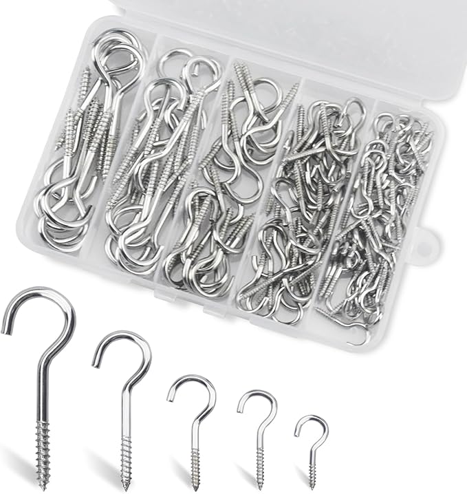 125 Pcs Ceiling Hooks for Hanging Plants - 5 Sizes Metal Screw Hooks Heavy Duty,DIY Hanging Hooks Decors for Christmas String Lights Cup Wind Chime,Bird Feeders Indoor&Outdoor (Silvery, 125PCS)