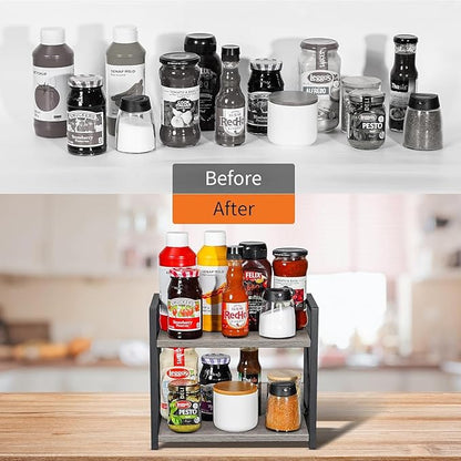 Giikin Countertop Shelf Organizer, 2 Tier Kitchen Spice Rack for Countertop, Wood Coffee Counter Shelf for Home, Particle Board and Metal, Grey, Small