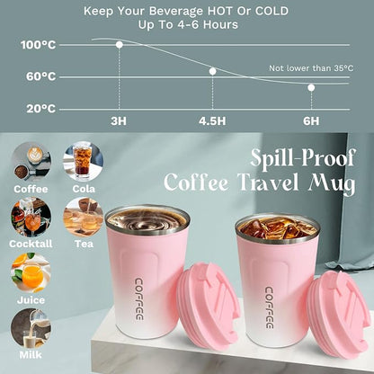 YINBAOGE Insulated Travel Coffee Mug, Spill & Leak Proof, Portable To Go Camping Stainless Steel Coffee Tumbler, Reusable Thermal Coffee Cup with Lid for Hot & Cold Drinks (2nd-Pink White, 17 OZ)