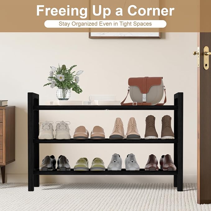 Haddockway Bamboo Shoe Rack for Closet, Free Standing Shoe Organizer with Smooth Round Rods & Convenient Handles, Stackable Shoe Storage Shelf for Entryway, Hallway(Black, 3-Tier)