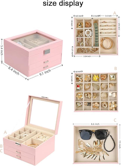 BOOVO Clear Lid Jewelry Box,3 Layers Jewelry Organizer Large Multi-Functional Jewelry Storage Box with 2 Drawers,Jewelry Display Case of Rings Earrings Necklace Bracelets for Women Girls (Pink)