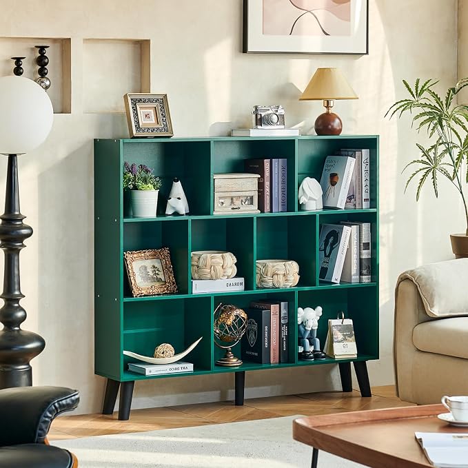 LEYAOYAO 10 Cube Bookshelf,3 Tier Modern Wide Bookcase with Legs,Mid-Century Wood Bookshelves Storage，Dark Green Large Book Case,Freestanding Organizer Display Shelf for Bedroom,Living Room,Office