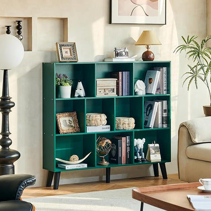 LEYAOYAO 10 Cube Bookshelf,3 Tier Modern Wide Bookcase with Legs,Mid-Century Wood Bookshelves Storage，Dark Green Large Book Case,Freestanding Organizer Display Shelf for Bedroom,Living Room,Office