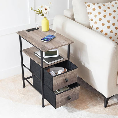 HOOBRO End Table with Charging Station, Narrow Side Table, Nightstand with 2 Non-Woven Drawers, Slim Sofa Side Table, for Small Spaces, Living Room, Bedroom, Greige and Black BG486UBZ01