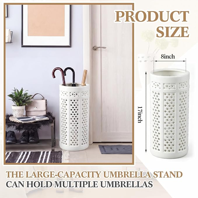 Sawysine White Ceramic Umbrella Stand with Hollow-out Design Heavy Porcelain Umbrella Holder for Entryway 17" Heavy Porcelain Holder for Umbrellas Canes Home Decor Walking Sticks