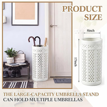 Sawysine White Ceramic Umbrella Stand with Hollow-out Design Heavy Porcelain Umbrella Holder for Entryway 17" Heavy Porcelain Holder for Umbrellas Canes Home Decor Walking Sticks