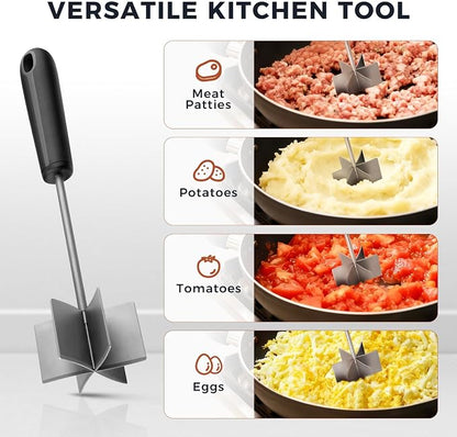 304 Stainless Steel Meat Chopper & Masher, Coinicxcel 10 Inch Heat Resistant Ground Beef Chopper Tool with 6 Curve Blades & Ergonomic Non-Slip Handle, Heavy-Duty Hamburger Smasher Tool Dishwasher Safe