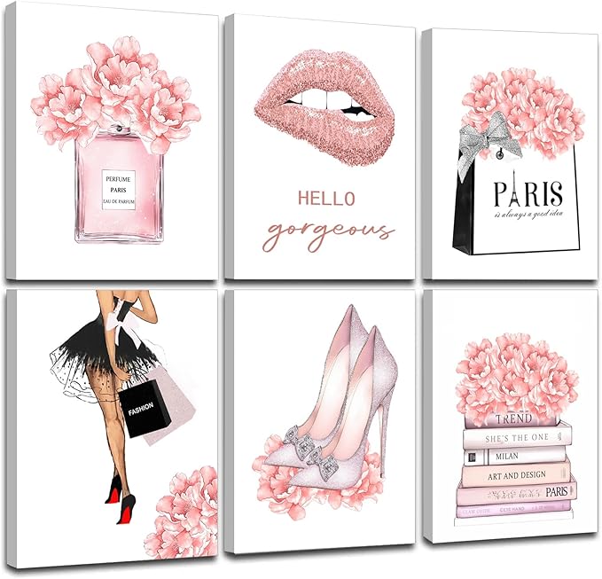 FRAMED Pink Makeup Room Canvas Wall Art, Fashion Woman Picture Wall Decor Paintings, Watercolor Perfume High Heels Lipstick Beauty Room Decor Pictures Arts for Girls Women Room Decor, (Set of 6, 12x16 in, Framed)