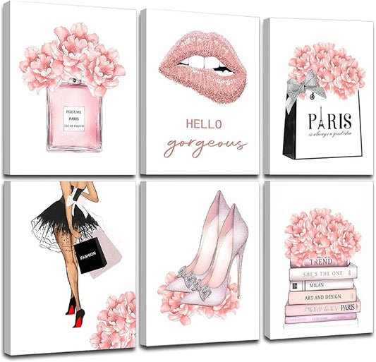 FRAMED Pink Makeup Room Canvas Wall Art, Fashion Woman Picture Wall Decor Paintings, Watercolor Perfume High Heels Lipstick Beauty Room Decor Pictures Arts for Girls Women Room Decor, (Set of 6, 12x16 in, Framed)