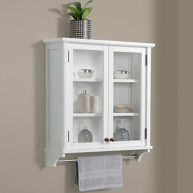 Dorset 27 in. W x 29 in. H Wall Mounted Bathroom Storage Cabinet with Organizing Shelves, Mirror, Towel Rod, and Tempered Glass Doors -Generous Space for Toiletries, Towels, and Supplies-White Finish