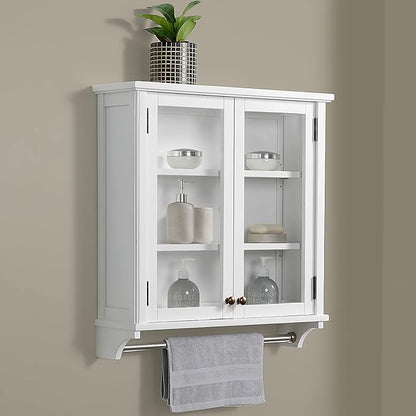 Dorset 27 in. W x 29 in. H Wall Mounted Bathroom Storage Cabinet with Organizing Shelves, Mirror, Towel Rod, and Tempered Glass Doors -Generous Space for Toiletries, Towels, and Supplies-White Finish