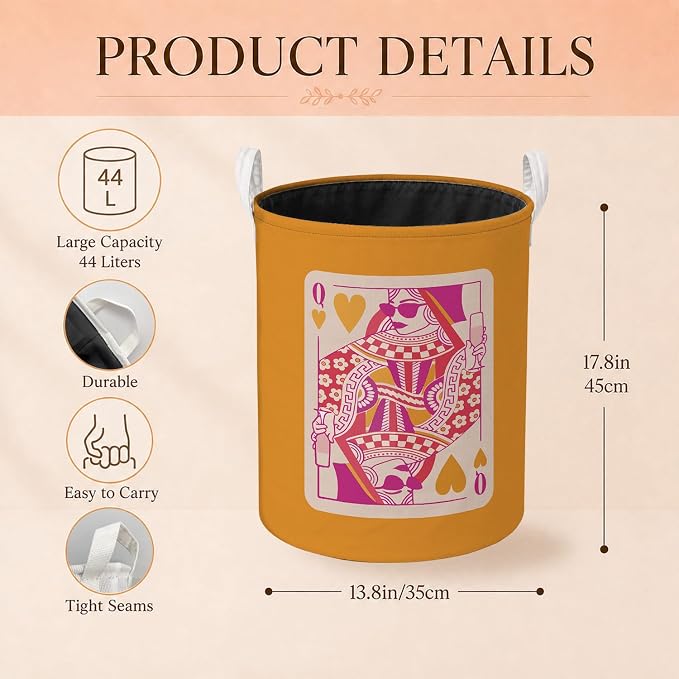Trendy Pink and Orange Poker Laundry Basket, Preppy Queen of Hearts Playing Card Laundry Hamper Waterproof Collapsible Clothes Toys Storage Bin Organizer for Bedroom Bathroom Home