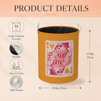 Trendy Pink and Orange Poker Laundry Basket, Preppy Queen of Hearts Playing Card Laundry Hamper Waterproof Collapsible Clothes Toys Storage Bin Organizer for Bedroom Bathroom Home