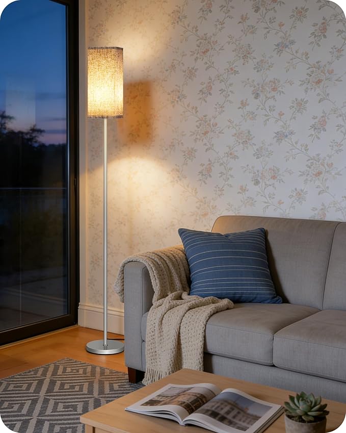 64.2” Dimmable Floor Lamp for Living Room with Remote and Foot Switch, Corner Floor Lamp for Bedroom, Includes 10W A19 Bulb, Modern Standing Tall Lamp, ETL Listed Silver and Beige SE17LD05