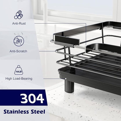 In Sink Dish Drying Rack, Expandable Over The Sink Dish Rack for Small Kitchen, Space Saving Stainless Steel Black Dish Drainer with Utensil Holder, 14.1"-21.2" L x 11"W, Compact Plate Dryer Strainer