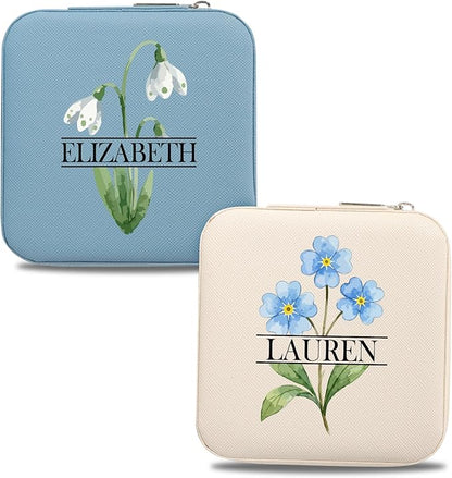 Custom Travel Jewelry Box with Name Birth Flower, Birthday Gifts for Women, Bridesmaid Proposal Gifts Personalized Small Travel Jewelry Case, Customized Gifts for Teen Girls