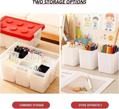 loobuu Plastic Storage Bins with Lids, Art Craft Supply Organizer Box with Brush Pot, Multipurpose Stackable Storage Containers for Organizing Tool, Craft, Crayon,Sewing (Red)