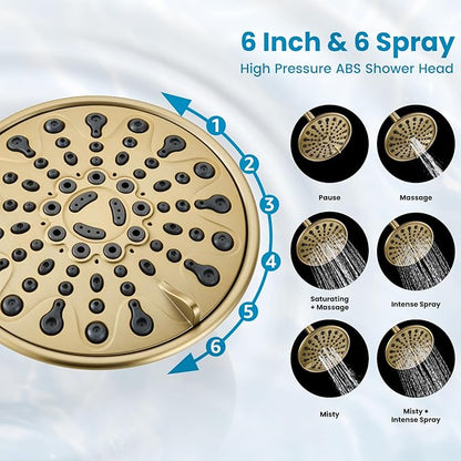 gotonovo Shower Faucet Set Bathroom Shower Head and Handle Set Complete 6 Settings 6 inch Rainfall Shower Head Kit High Pressure Shower System Combo Shower Trim Kit with Valve Brushed Gold
