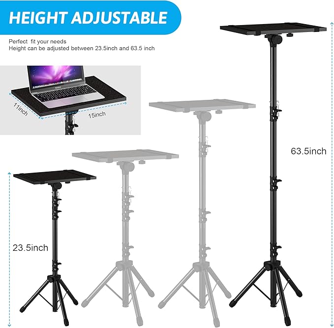 Projector Stand Tripod Adjustable, Laptop Height from 23.5 to 63.5 inches with Gooseneck Phone Holder, Floor for Office, Home, Stage, Studio, DJ Racks Holder Mount, 23.5inch-63.5inch