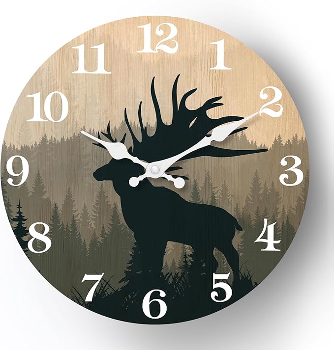 XFM Rustic Elk Deer Wall Clock 10 Inch Silent Wall Clocks Battery Operated Vintage Farmhouse Wooden Clocks Decorative for Living Room Bedroom Kitchen Cabin Decor