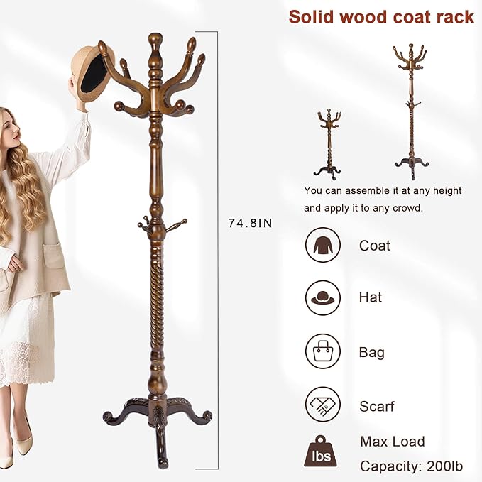 Coat Racks Freestanding, Natural Wood Coat Stands with 14 Hooks, 73" Heavy Duty Adjustable Height Vintage Hall Tree for Entryway, Bedroom, Office, Easy Assembly (Triangular Antique)
