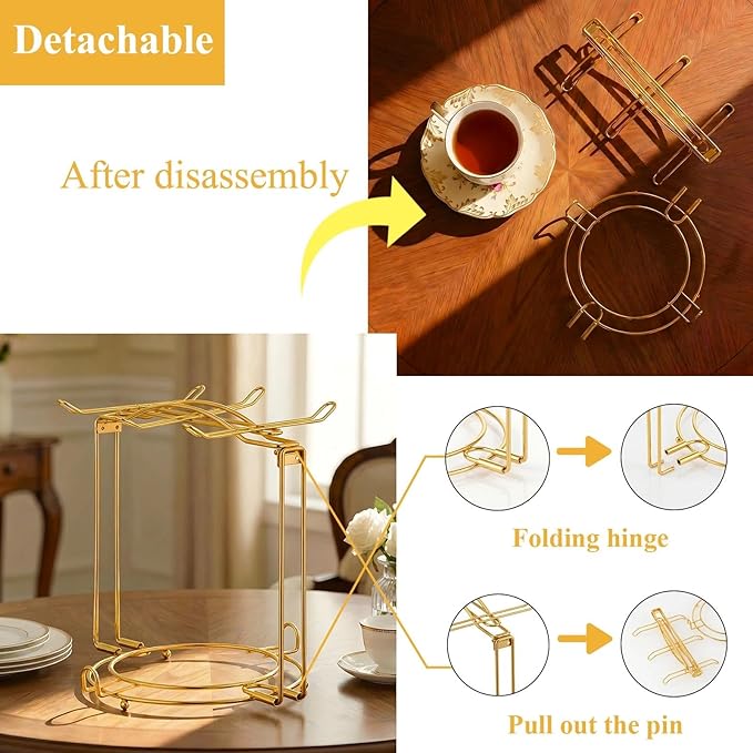 YOLIFE Tea Cup Holder for Countertop, Gold Metal Cup and Saucer Display Stand, Foldable Tea Station Organizer, Espresso Coffee Cups Rack for Home or Bar Decor