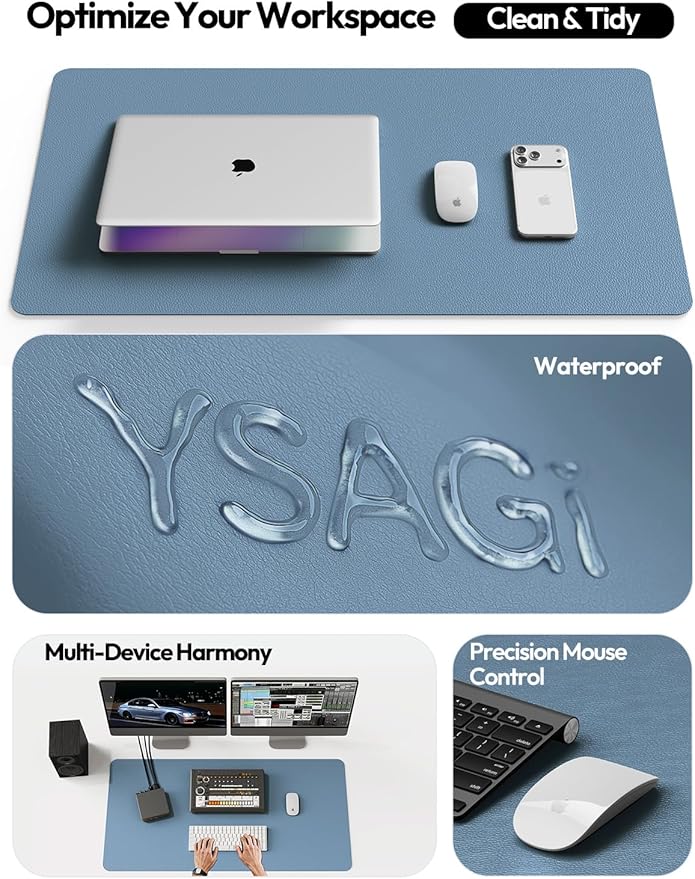 YSAGi Leather Desk Protector, Office Mat, Large Mouse Pad, Non-Slip PU Leather Blotter, Laptop Desk, Waterproof Writing Pad for Office and Home (Blue, 31.5" x 15.8")