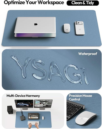 YSAGi Leather Desk Protector, Office Mat, Large Mouse Pad, Non-Slip PU Leather Blotter, Laptop Desk, Waterproof Writing Pad for Office and Home (Blue, 31.5" x 15.8")