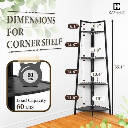 CAPHAUS Tall Corner Shelf Stand, 4-Tier Display Shelves, Ladder Corner Wood Storage Plant Bookshelf with Metal Frame, Versatile Shelving Unit Bookcase for Home Office Space, Black