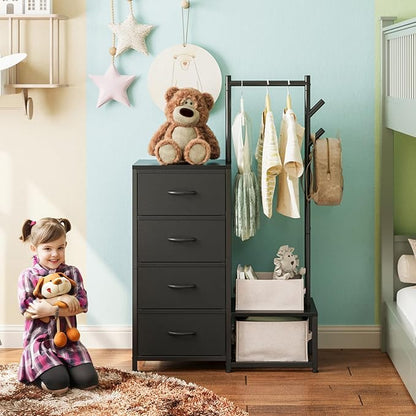 KKL Small Dresser for Bedroom with Clothes Hanging Rack, Reversible Bedroom Dresser with Shoe Rack & 4 Fabric Drawers, 3-in-1 Storage Chest of Drawers with Storage Shelves & Tree Hooks, Black