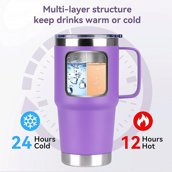20oz Tumbler with Lid, Stainless Steel Tumbler with Handle, Metal Insulated Travel Coffee Mug with Handle, Double Wall Vacuum Spill Proof Tumbler Cup, Purple 1 Pack