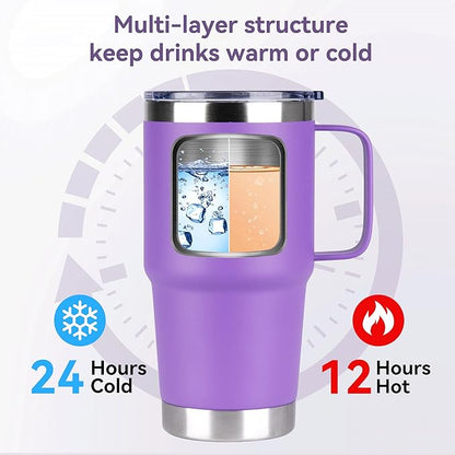 20oz Tumbler with Lid, Stainless Steel Tumbler with Handle, Metal Insulated Travel Coffee Mug with Handle, Double Wall Vacuum Spill Proof Tumbler Cup, Purple 1 Pack