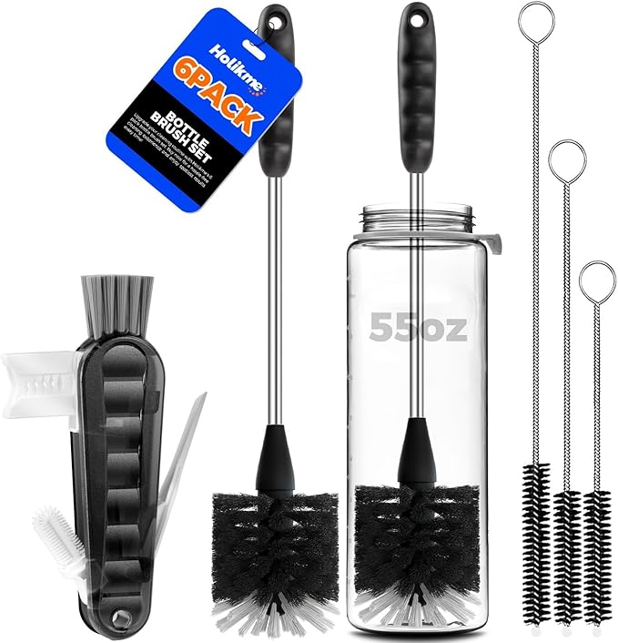 Holikme 6 Pack Bottle Brush Set, 14" Long Handle Stainless Steel Bottle Cleaner Brush, 3 Straw Brushes, 4-in-1 Bottle Cleaning Brush for Water Bottle, Antistatic Lab Brushes Straws, Black