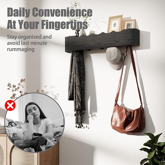 Coat Rack Wall Mount with Shelf 8 Hidden Hooks Modern Wooden Key Holder Entryway Organizer for Hallway Bedroom Bathroom Home Decor Storage for Hanging Coats Hats Bags Towels, Wave-Shape Black