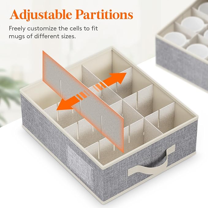 Lifewit 2 Pcs of Mug and Wine Glass Storage Box with Dividers, Stackable Cationic Hard Shell Stemware Organizer with 24 Cells, Foldable Dustproof China Containers for Moving, Light Grey