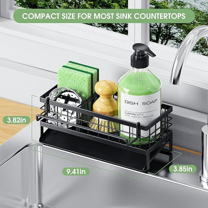DYFVREN Self-Draining Kitchen Sink Caddy, Rustproof Non-Slip Sponge Holder with Detachable Dish Cloth Holder (Black)