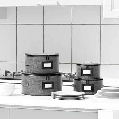 Aokeyee 4-Piece Plate Storage Box, Hard Shell Storage Containers with 48 Soft Dividers for Saucer, Dessert, Salad & Dinner Plates, Sturdy Quilted Stackable Dish Organizer for Moving & Protection, Grey