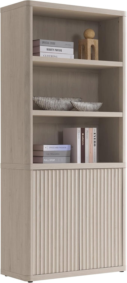 SICOTAS Book Shelf with Doors 71" Tall 6 Tier Bookshelf with Adjustable Shelves Fluted Booshelves & Bookcases Modern Book Case with Large Storage Display Cabinet for Living Room Home Office Bedroom