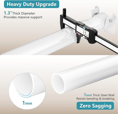 STARLATTA Heavy Duty White Closet Rod: 17-84 Inch Stepless Adjustable Clothes Hanging Bar, 1.3" Diameter Metal Wardrobe Pole with Brackets, No-Cut, for Laundry & RV