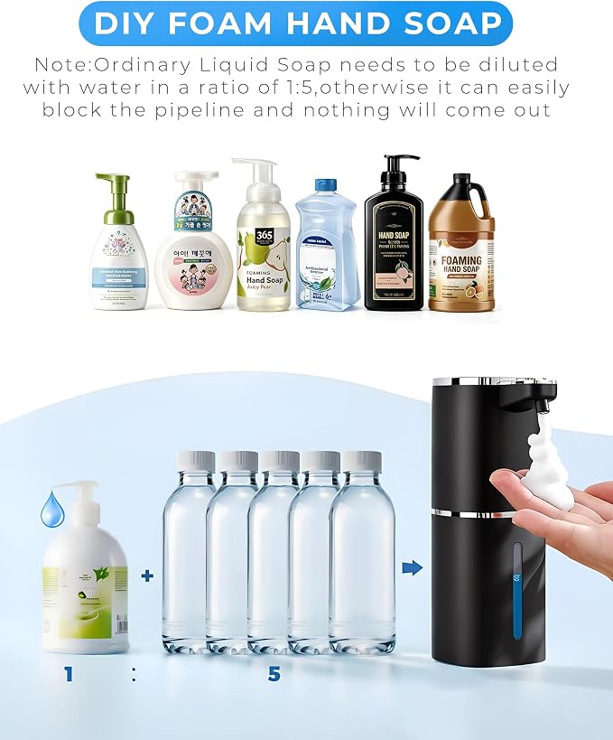 2 Pack Automatic Foaming Soap Dispenser, 13.5oz/400mL, USB Rechargeable,9- Adjustable Foam Levels, IPX5 Waterproof, Touchless & Wall/Tabletop Use for Kitchen Bathroom, Black